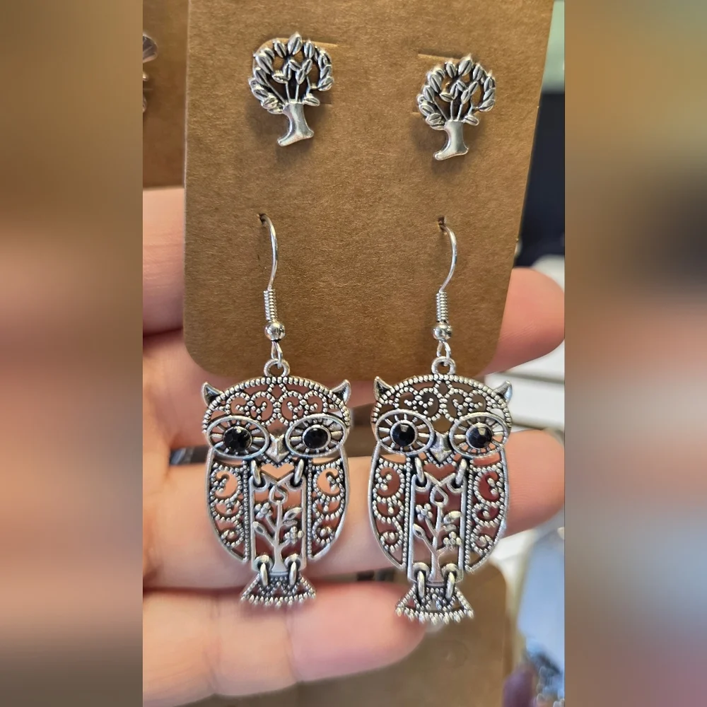 Silver Owl Dangle Earrings & Tree Studs - Picture 1 of 1
